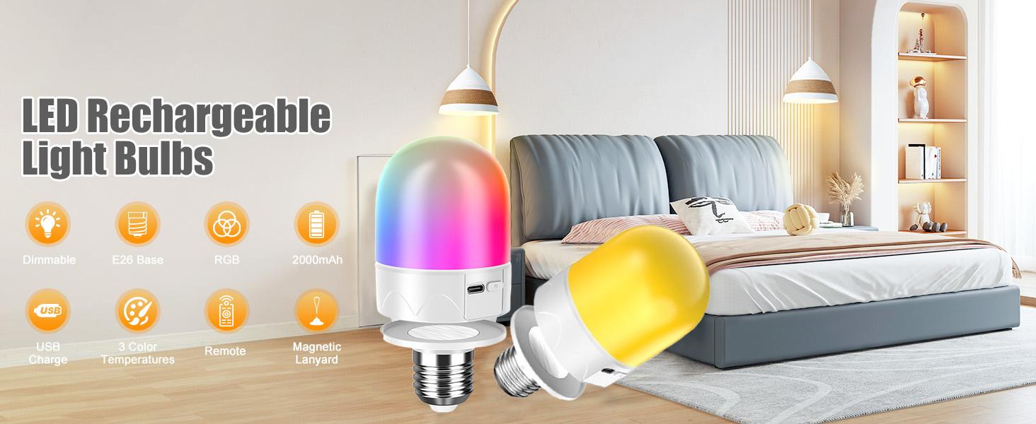 E26 Rechargeable LED Light Bulb Emergency Bulb with Remote and Timer, Battery Backup Bulb for Sconces and Lamps, Magnetic Bulbs for Non-Hardwired Fixture, 3 Color Temperatures CCT RGB Colors, Dimmable