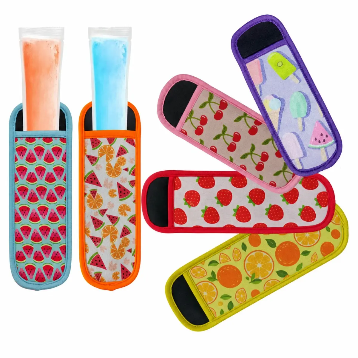 8pcs Neoprene Ice Pop Sleeves, Reusable Freezer Popsicle Holders, Insulated Anti-Freeze Ice Lolly Sleeves for Kids & Adults, Colorful Fruit Pattern Summer Party Favors