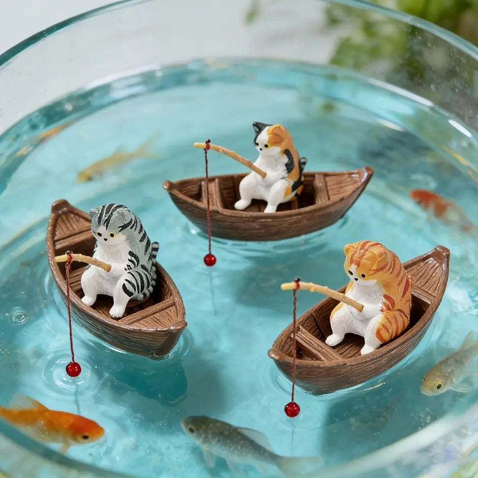 3-Piece Creative Aquarium Micro Landscape Decor, Cute Cat Boat Fishing Scene, High-Quality Resin Fish Tank Decoration, Ocean Theme Micro Landscape, Fish Decorations For Tank