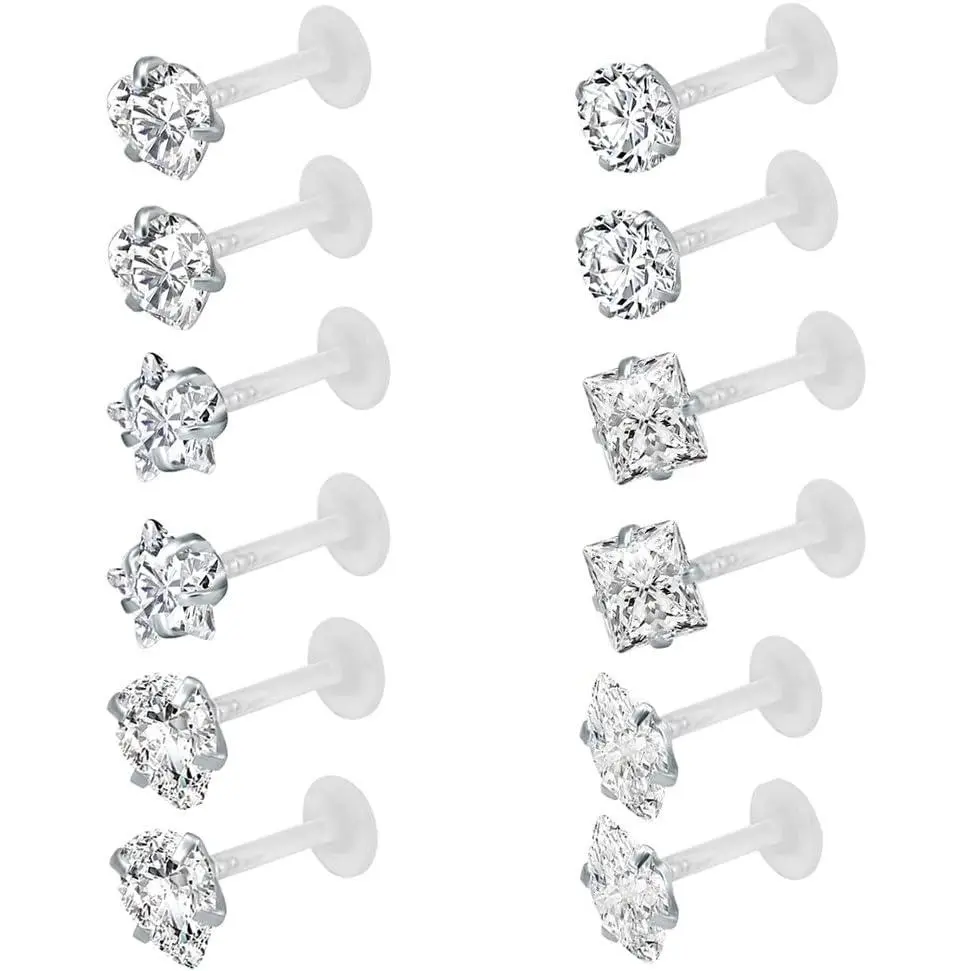10-12Pcs 16G Clear Bioflex CZ Stone Labret Monroe Lip Ring Helix Tragus Cartilage Earrings Stud