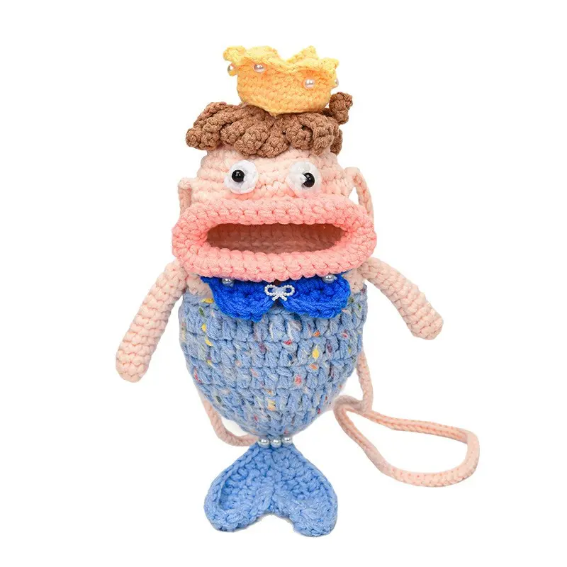 Handmade Knit Blue Mermaid Animal Purse - Funky Crossbody Bag, Plain Crochet Cartoon Fish Shoulder Bag for Casual Outings, Gifting (Suitable for Kids & Adults), Crossbody Fashion Bag campingessentials