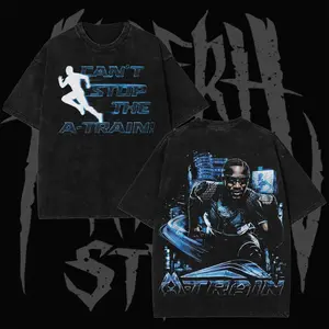 Retro A-Train "Can't Stop The A-Train" Neon Blue Slogan Front Print & Night City Background Speed Hero Bust Portrait Back Graphic Dual-Sided Vintage Washed Black T-Shirt, Unisex Oversized Heavyweight Cotton Streetwear Top, Ideal Gift for A-Train Fans