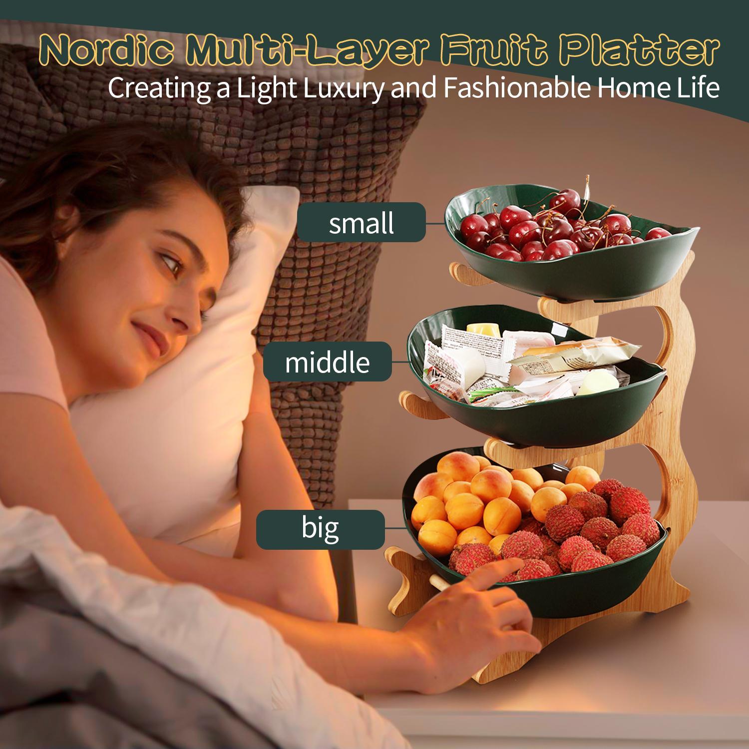 3 Tier Fruit Bowl, 1 Count Large Capacity Tiered Fruit Basket with Bamboo Stand Display Storage Rack, Kitchen Counter Tray for Fruit Snack Nuts Bread Candy, Drawer Style Options #TOP PICKS