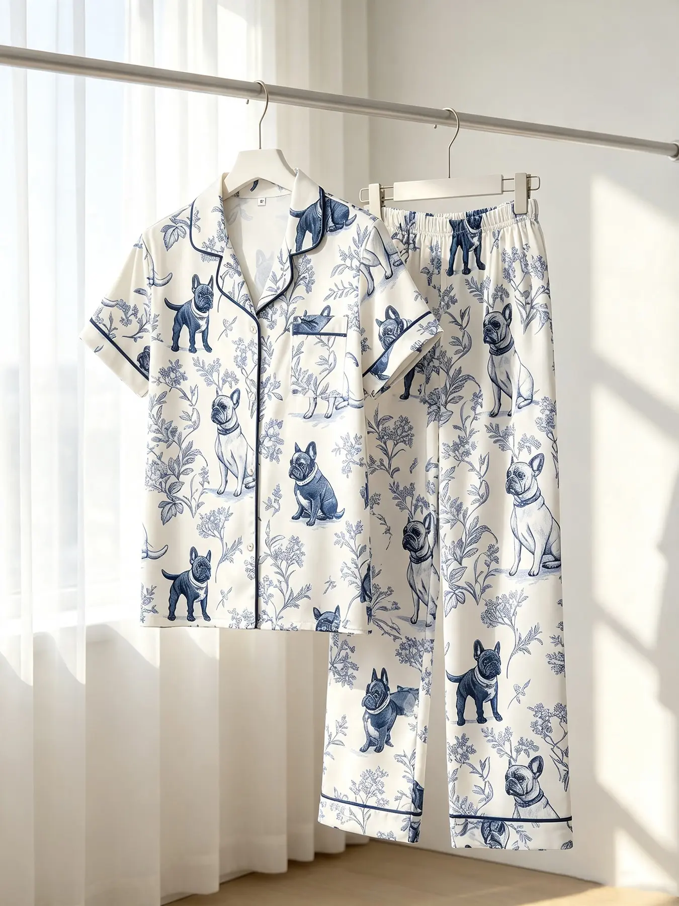Trendy Soft Garden‑Style Loungewear For Ladies, Puppy and Floral Print Short‑Sleeve Cardigan Top, Long Pants, All‑season Wear, Unique Artistic Sleep Outfit For Weekend Stay‑home Time, All Over Print