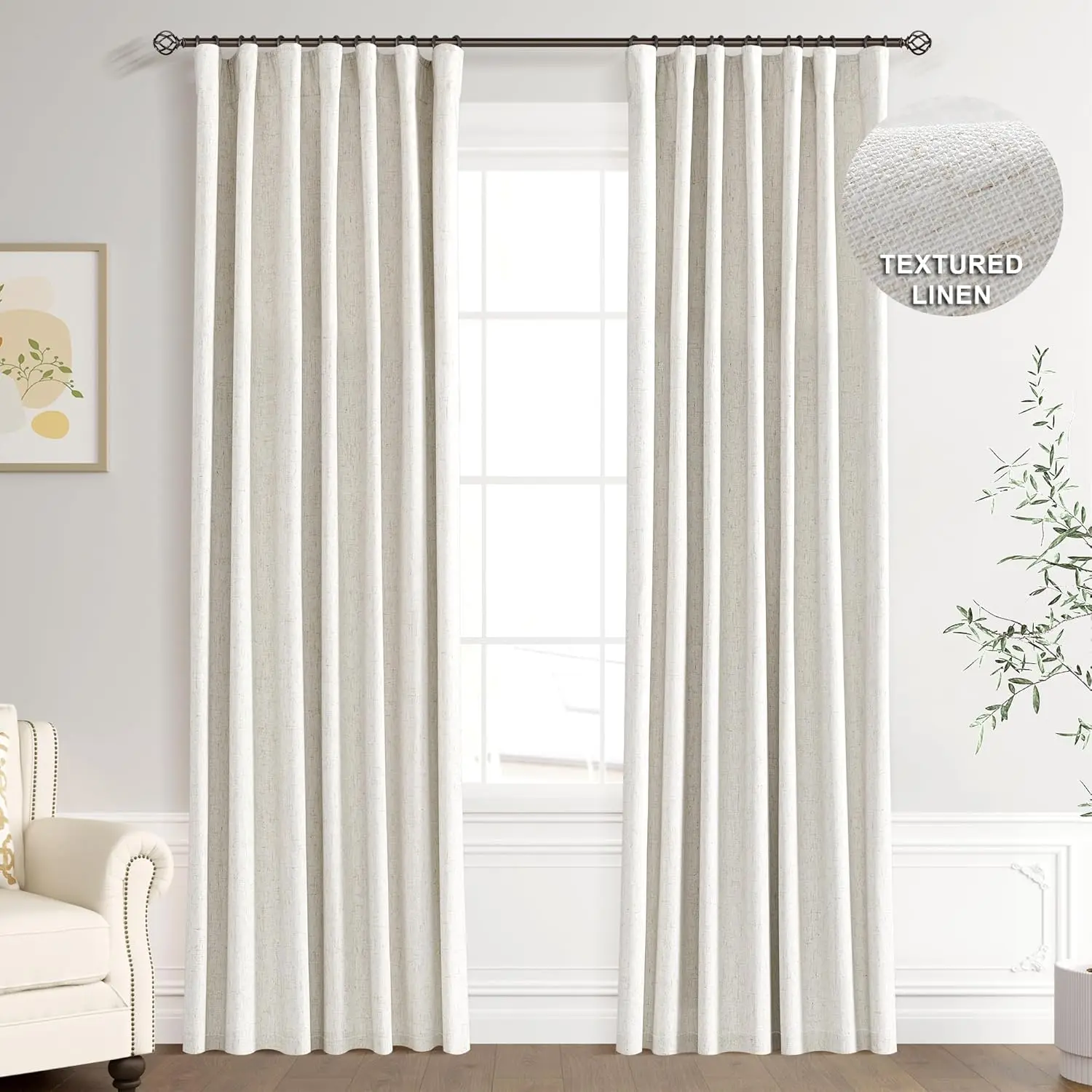 100% Blackout Curtains for Bedroom Ceiling to 96 Inch Long 8FT Natural Black Out Hook Belt 2 Panel Thermal Room Darkening Window Drapes for Living Room Beige Ivory