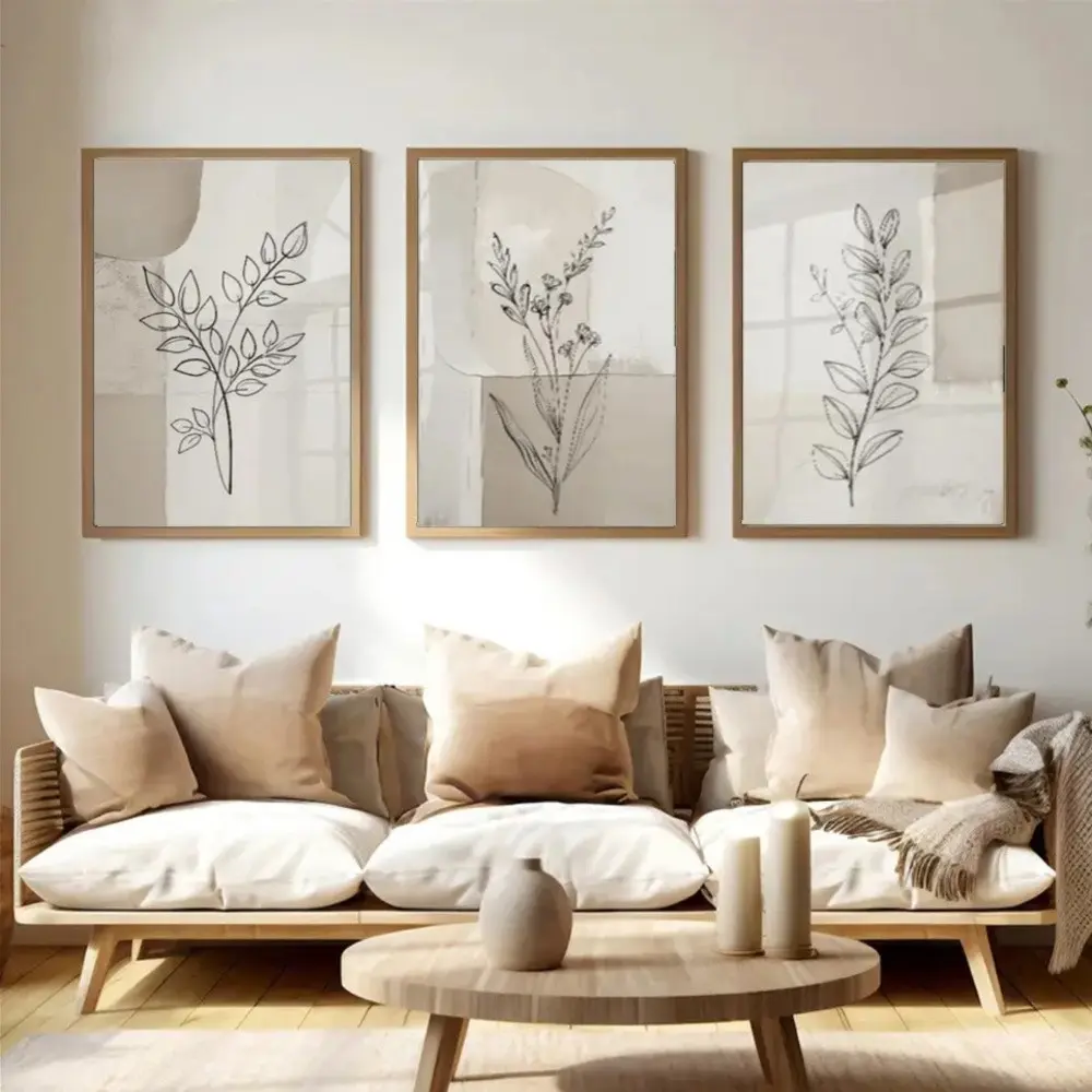 3 Pieces Neutral Abstract Botanical Line Minimalist Art, Canvas Wall Mural, Simple Nature Home Art, Contemporary Gallery Decor, Neutral Tone Painting, Aesthetic Wall Decor for Living Room and Bedroom, Framed or Unframed.