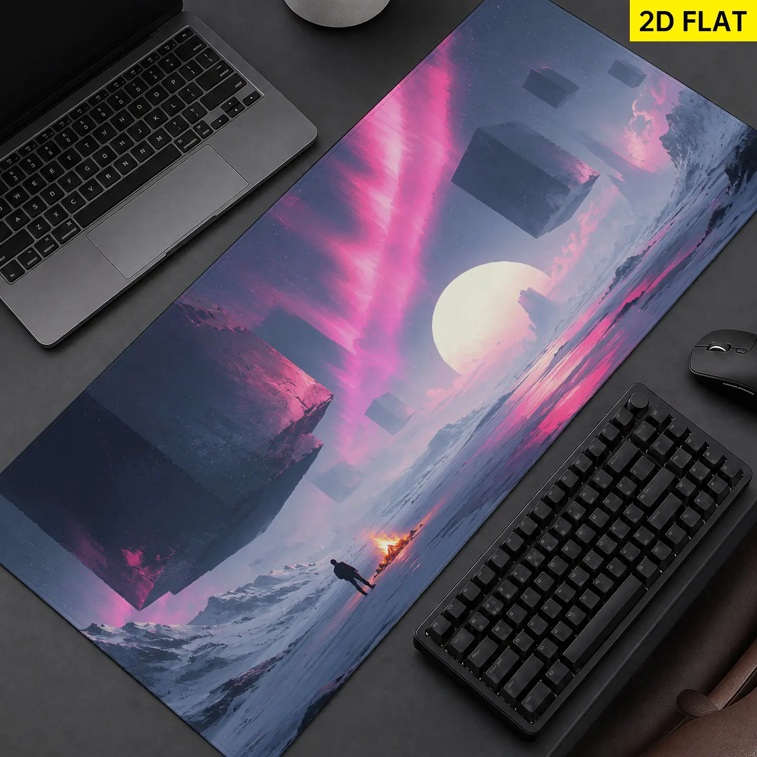 Extra Large futuristic floating monolith aurora landscape Mouse Pad, Non Slip Rubber Pad, Desktop Decoration Drotection Pad, Washable, Lock Edge Multi Size, Premium Multipurpose Mousepad For Home, Office, Gift for Family and Friends