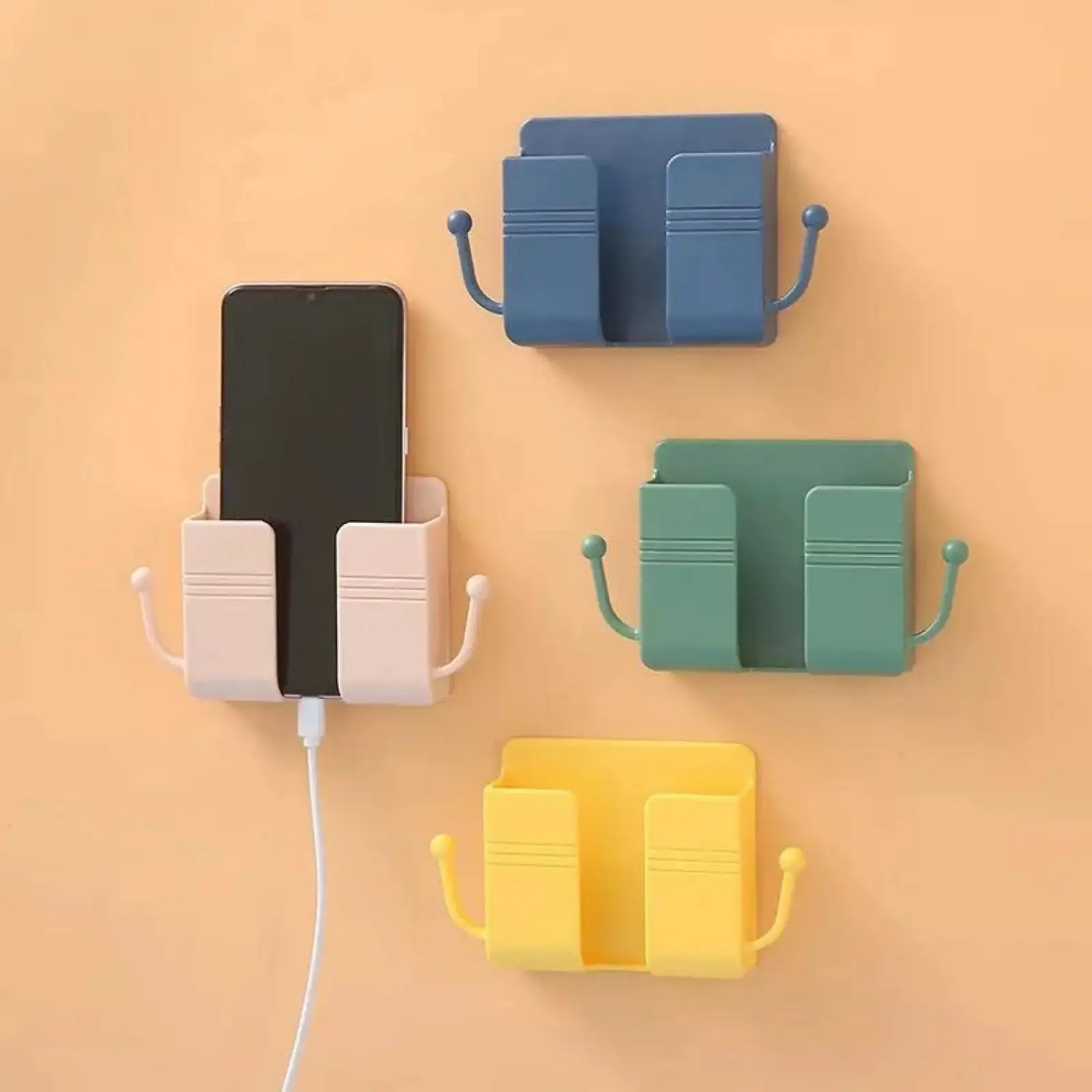 Mobile phone holder mounted on self-adhesive wall, wall-mounted mobile phone holder with hook and cable clip, wall-mounted mobile phone holder with charging plug and wall regulator, remote control suitable for kitchen and living room, (random colors)