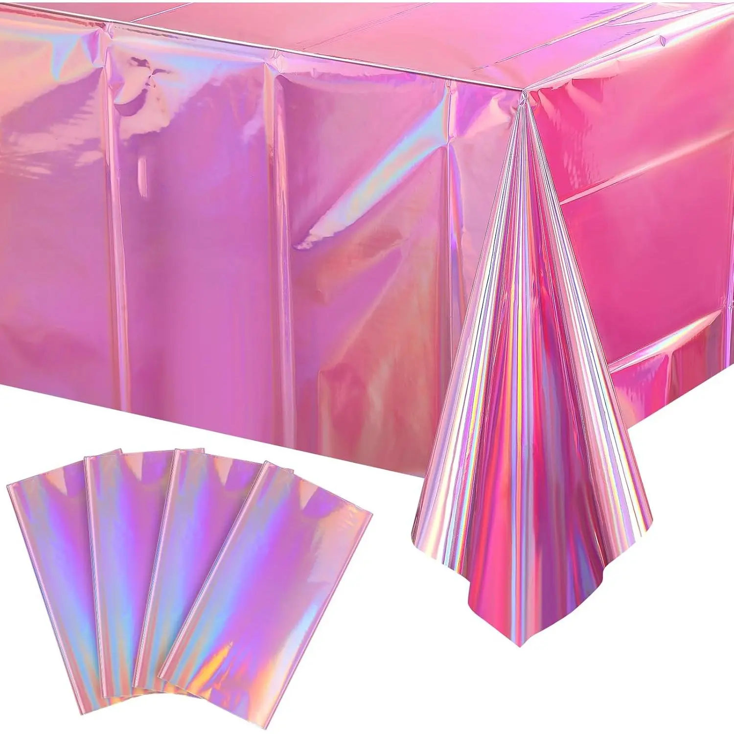4 Pack Iridescent Pink Plastic Tablecloths, Shiny Disposable Laser Rectangle Table Covers, Holographic Foil Tablecloth Iridescent Party Decorations for Kpop Birthday Wedding Xmas, 54x108Inch