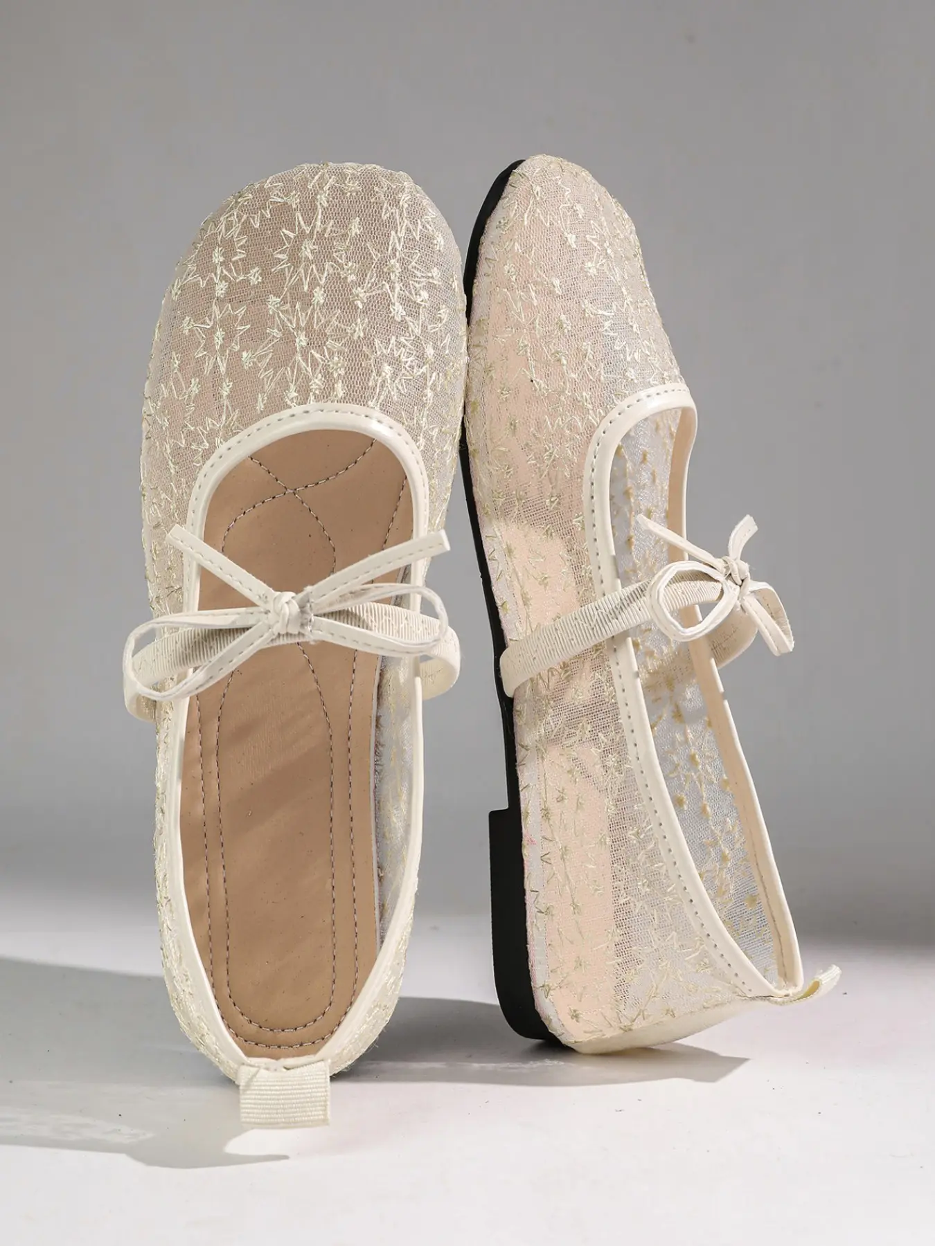 Floral Mesh Bow Mary Jane Flat Shoes, Breathable Low Top Fairy Shoes, Embroidered Lace Transparent Mesh Strap Ballet Flats, Flat Sole Shoes