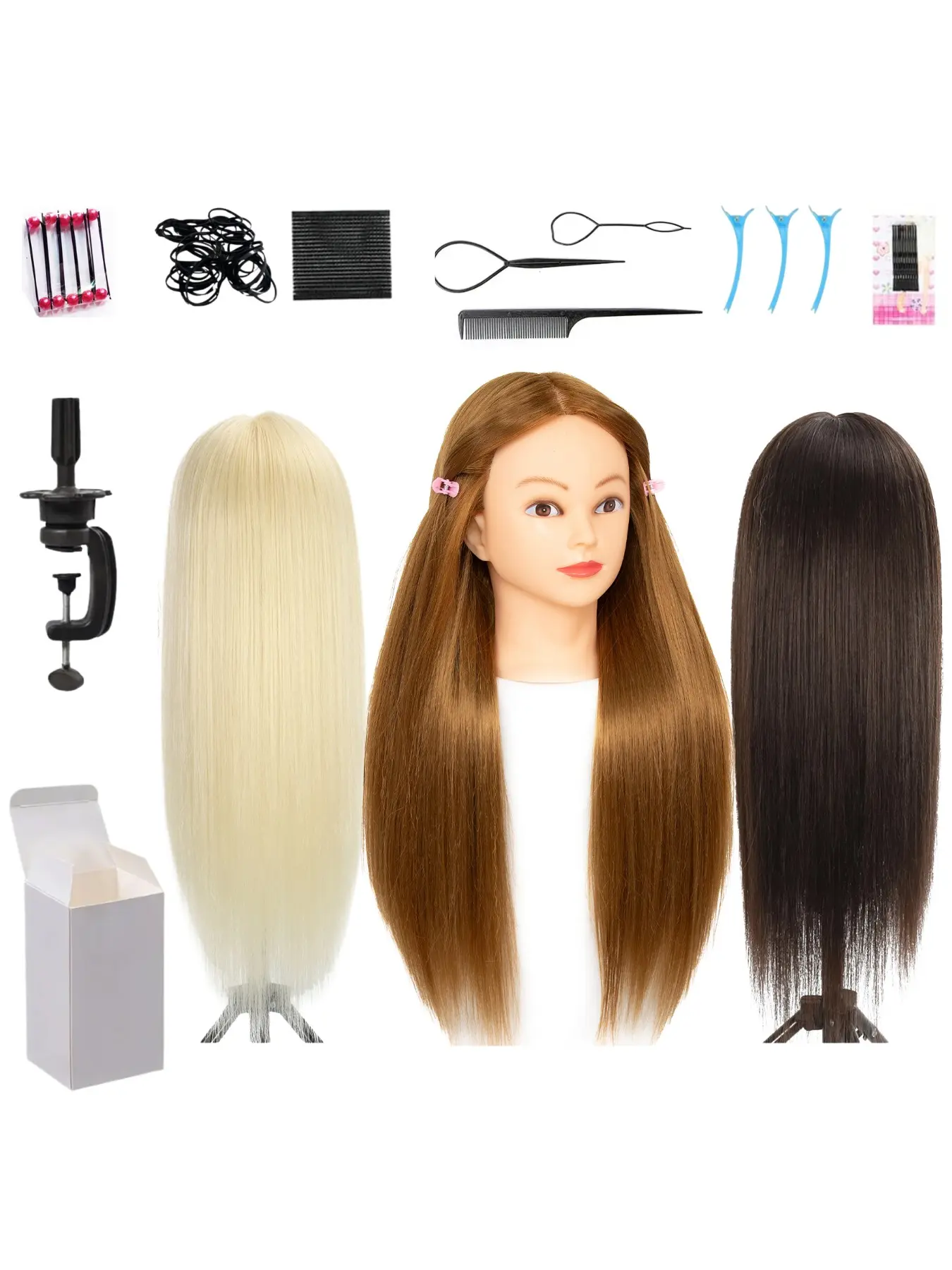 Light Skin 26‑28 Inch Synthetic Straight Hair Mannequin Head Professional Hairstyling Practice Manikin Head With Clamp Support And Full Hair Tool Set Ideal For New Stylists Learning Braiding And Updo Skills