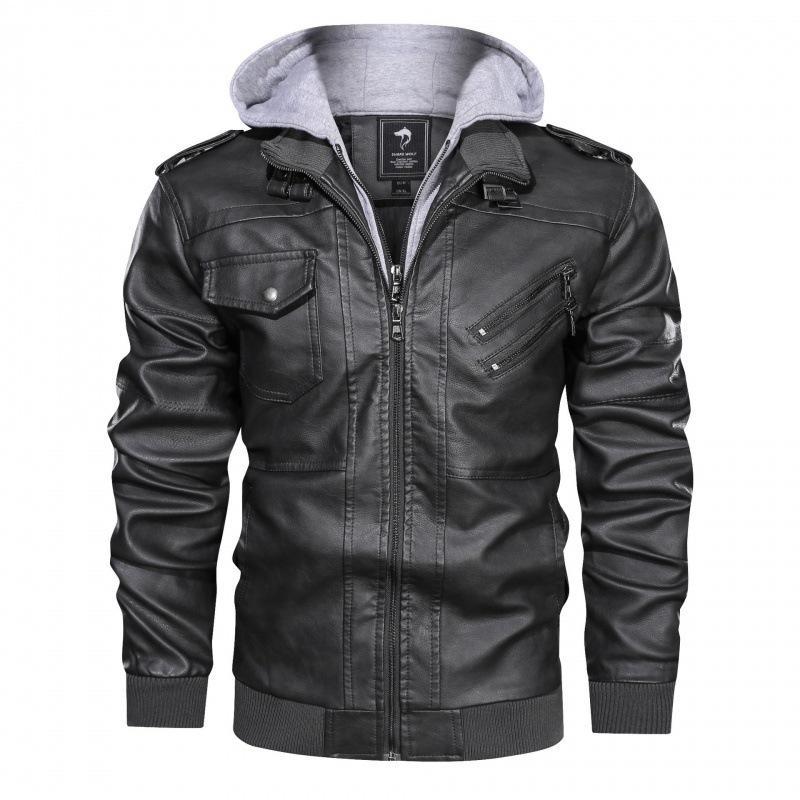 Men Brown Leather Motorcycle Jacket with Removable Hood Hoodie Casual