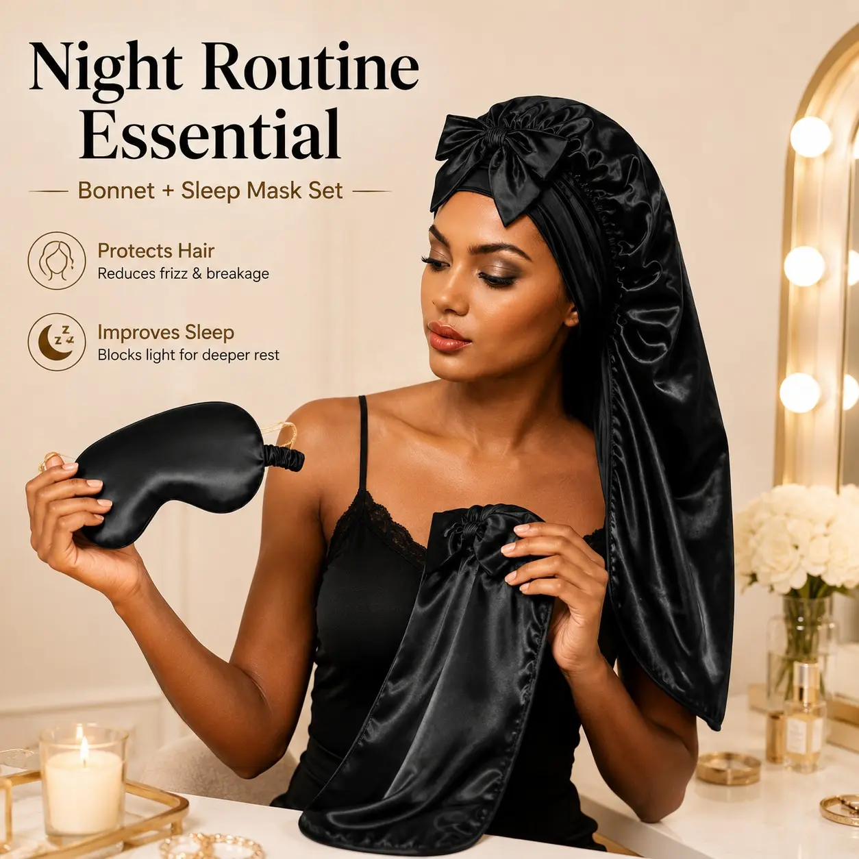 Long Hair Bonnet & Sleep Mask Set for Women, Extra-Long Bow Sleep Cap for Braids, Curls, Locs & Natural Hair, Overnight Hair Care & Comfortable Sleep Set