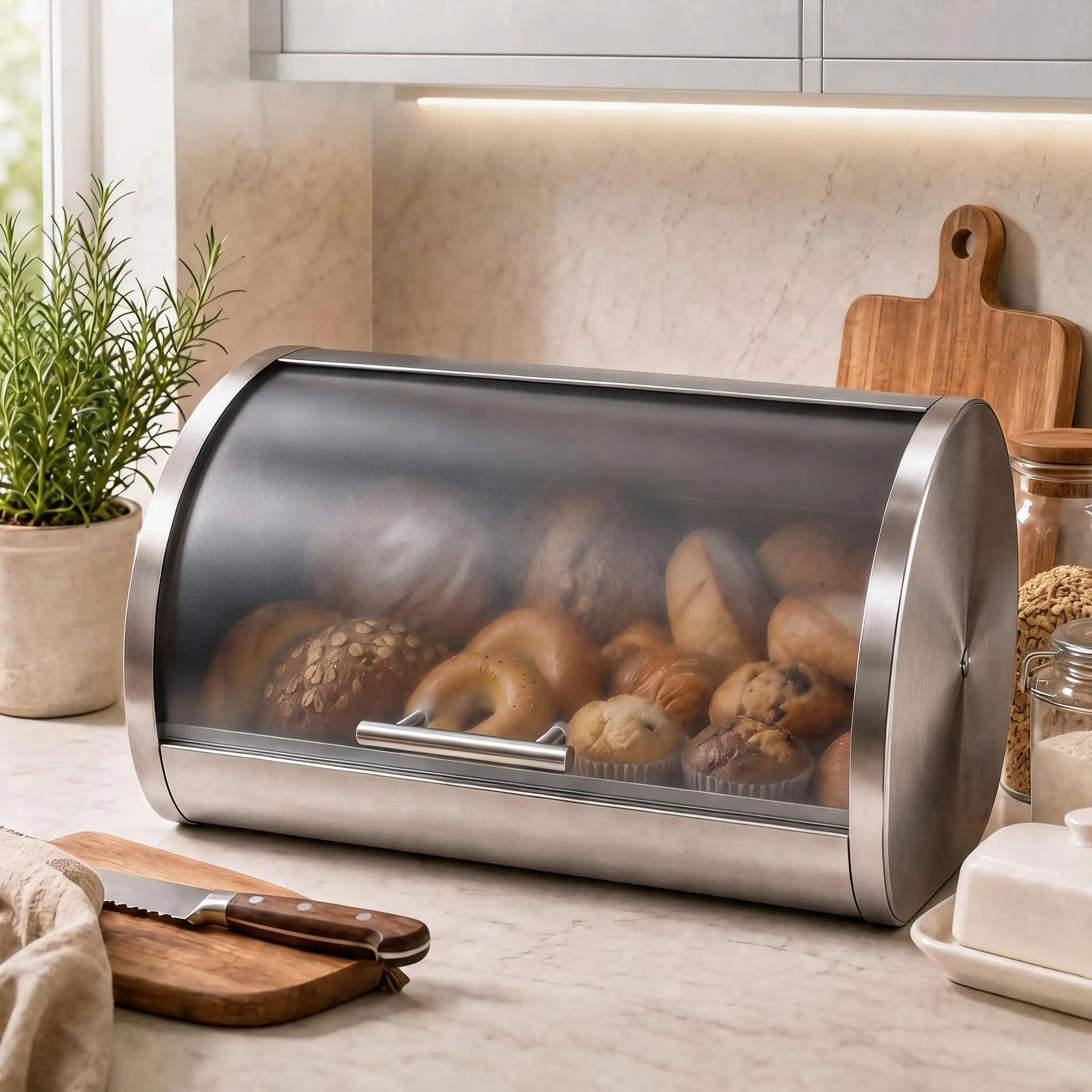Silver Stainless Steel Bread Box with Transparent Roll-Top Lid - 20.35L Sturdy Kitchen Preserving Container, Utensil Storage Bin for Modern Home Use