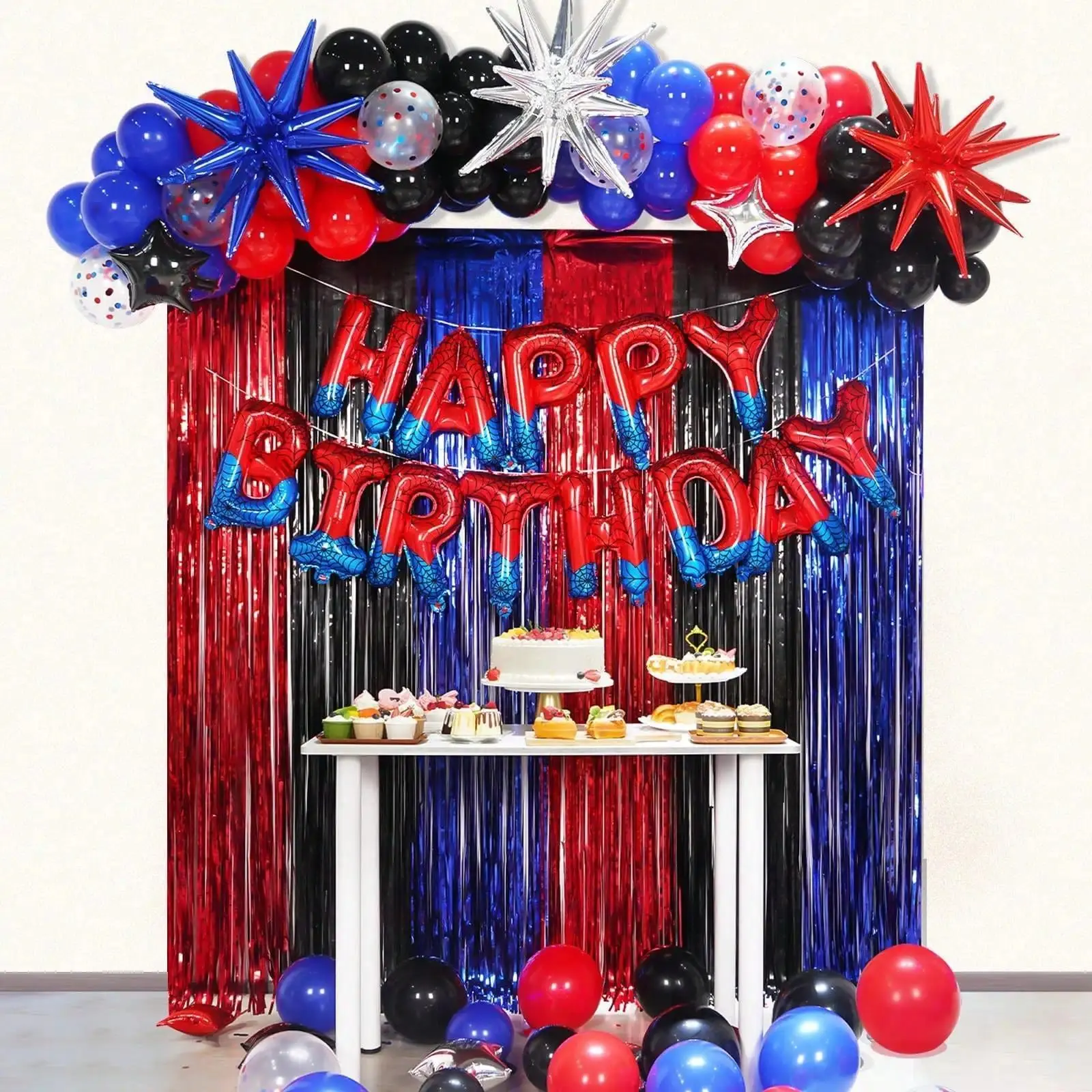 Spider Theme Happy Birthday Banner Balloons Red and Blue Letters Signs Superhero Birthday Party Decor Accessories Party Supplies