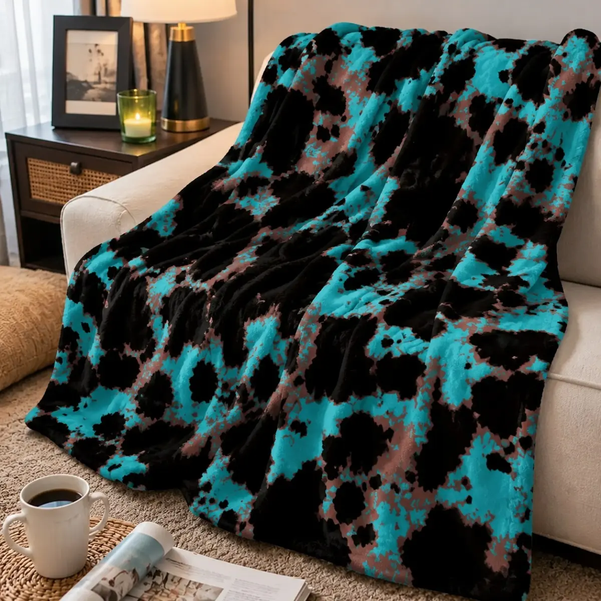 Soft Flannel Throw Blanket, Abstract Blue Black Pattern Cozy Blanket for Couch, Bed, Office & Home Decor, Warm Fuzzy Nap Blanket Gift for Women Men