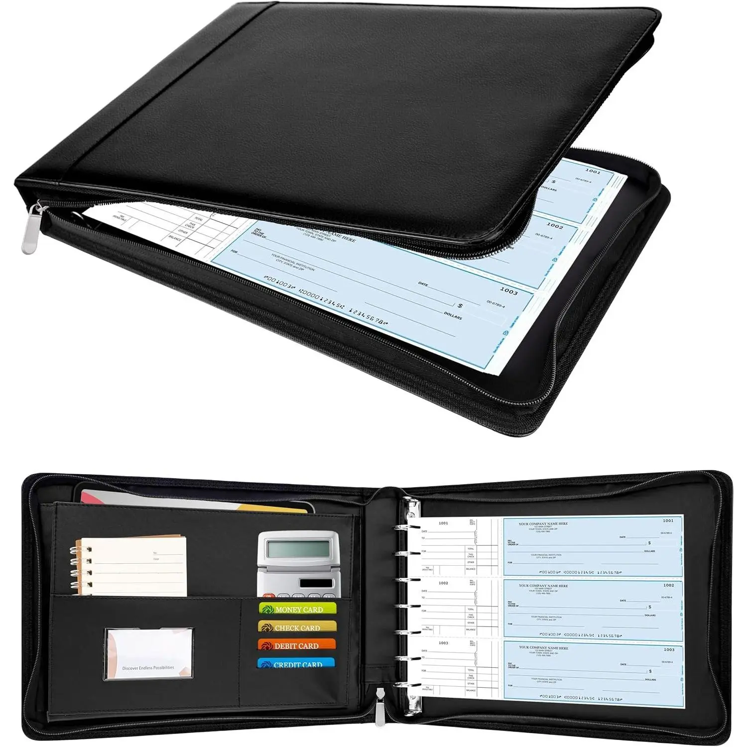 Zippered 7 Ring Business Checkbook Binder Portfolio for 3--a-Page Business Checks, 600 Checks Capacity, PU Leather Check Book Binder Cover for 9x13 Sheets, -in Storage Organizer, Black