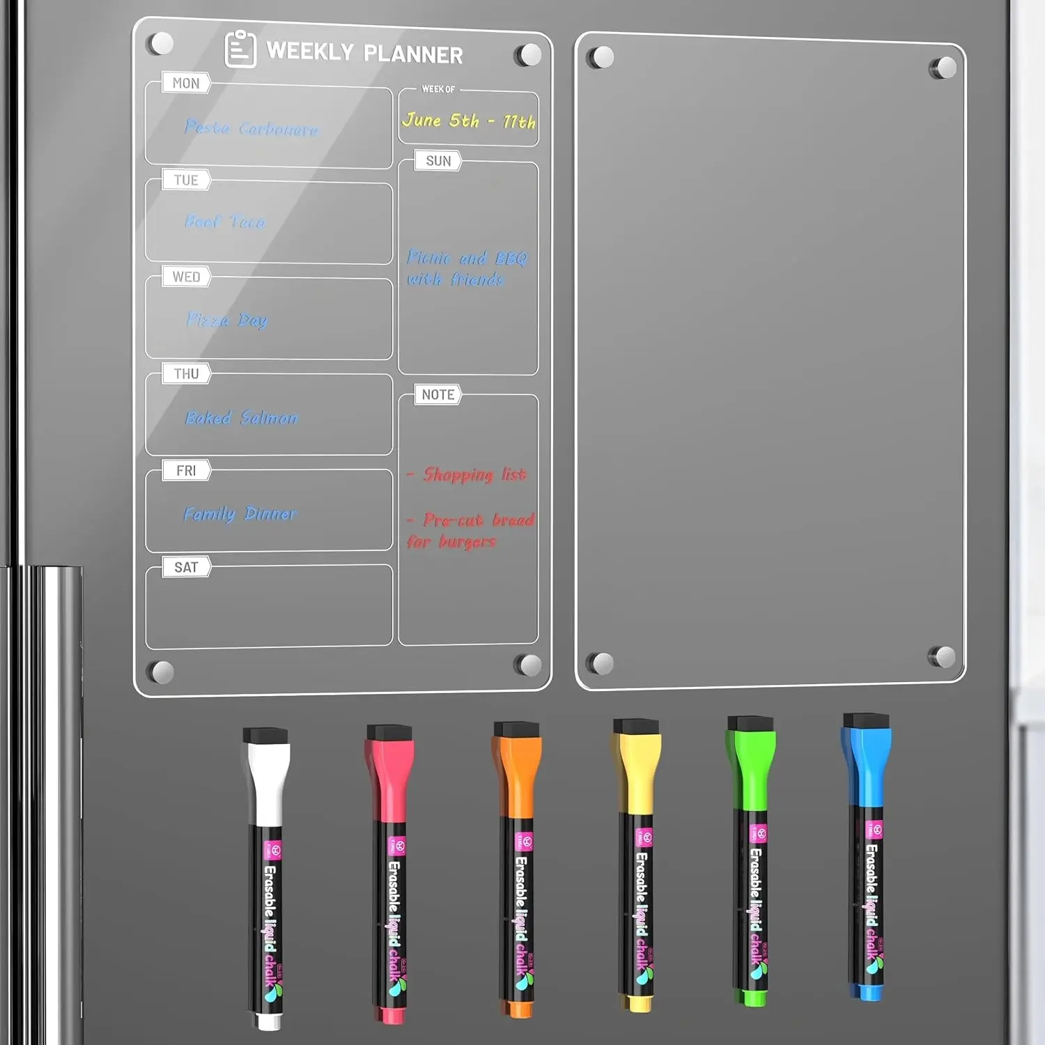 2 Set of  Meal Planner for Fridge -  Weekly Menu Board with 6 Chalk Markers for to-Do List, Shopping List and Chore Chart - 7.9 x 11.8
