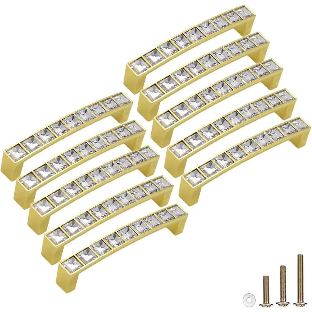 10-Pack U-Shape Glass Rhinestone Cabinet Pulls Full Set, Glass Alloy Modern Shiny Handles for Cupboard, Wardrobe, Dresser Drawer (3.8" Hole Centers)