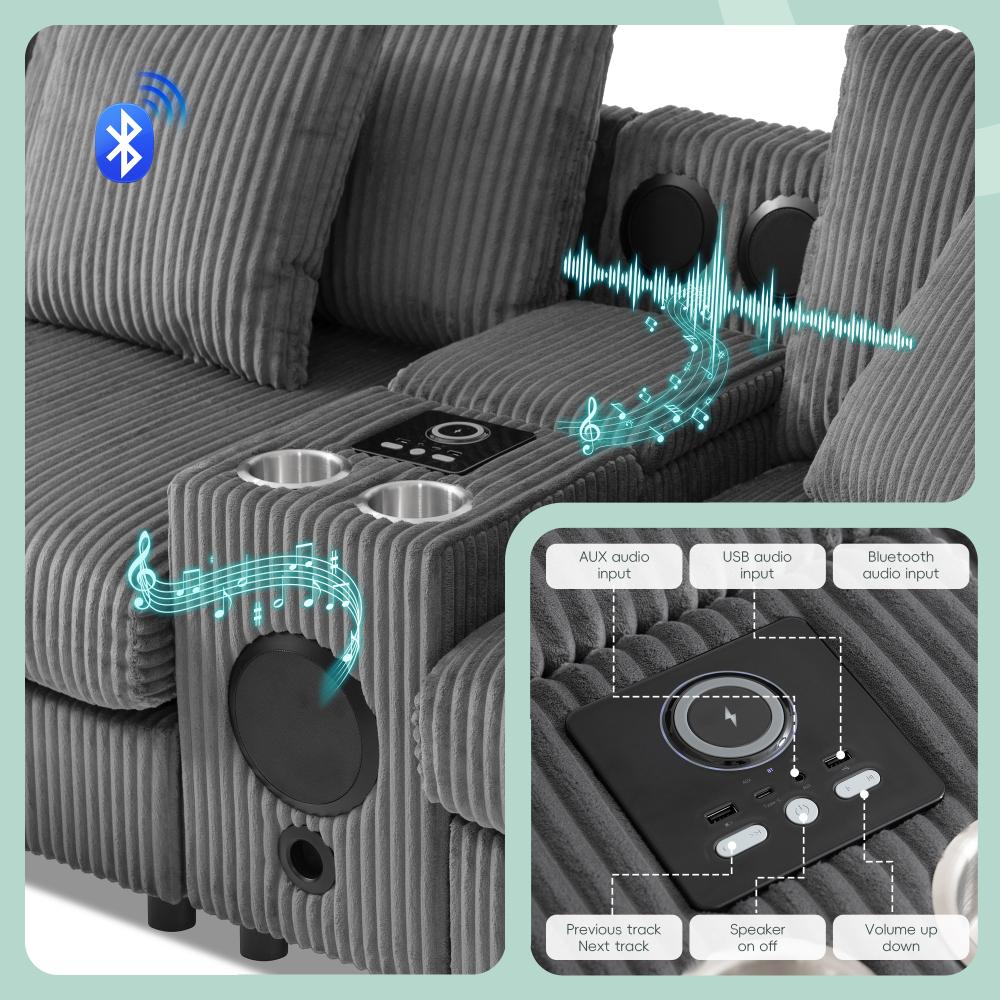 112'' Corduroy Sectional Sofa with Bluetooth Speakers, L-Shaped Couch with Console, USB Charger, Cup Holders, Storage, Ottoman, Deep and Wide Seat Cloud Sofa for Living Room & Apartment