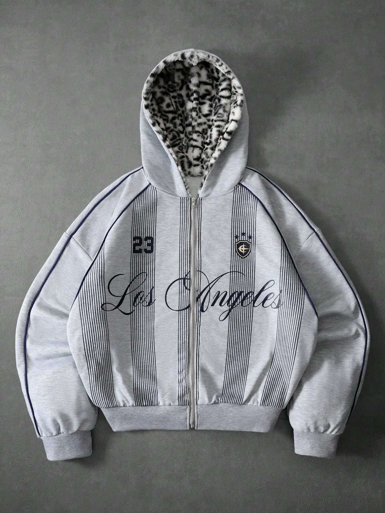 Men's Y2K Street Style Fleece Leopard Lined Hoodie, Los Angeles Striped Print Full-Zip Top, Suitable For Weekend Outings, Street Fashion And Daily Leisure