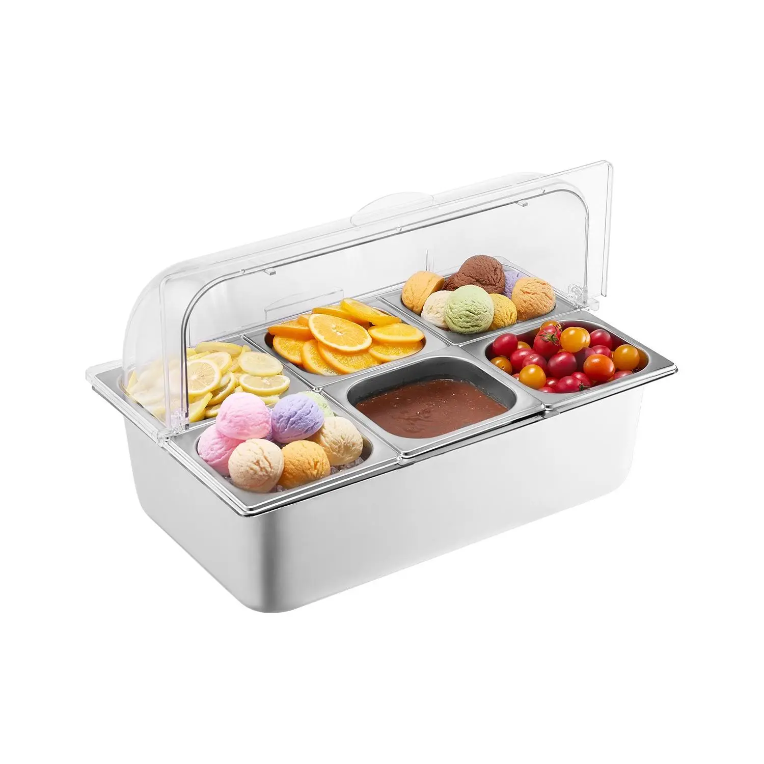 VEVOR Countertop Stainless Steel Food Serving Display Container - 6-Pan Tray, Transparent Detachable Lid, Thermal Buffet Condiment Dispenser Rack with 3 Freezer Boxes, Reusable for Restaurant, Family Dinners