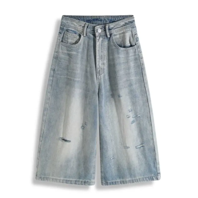 Light Wash Minimal Ripped Wide Leg Denim Capri Shorts, Button Zip Fly, Classic Five-Pocket Design, Loose Mid-Calf Silhouette, Soft Thin Denim Fabric, Casual Daily Streetwear Denim Shorts#SummerWins