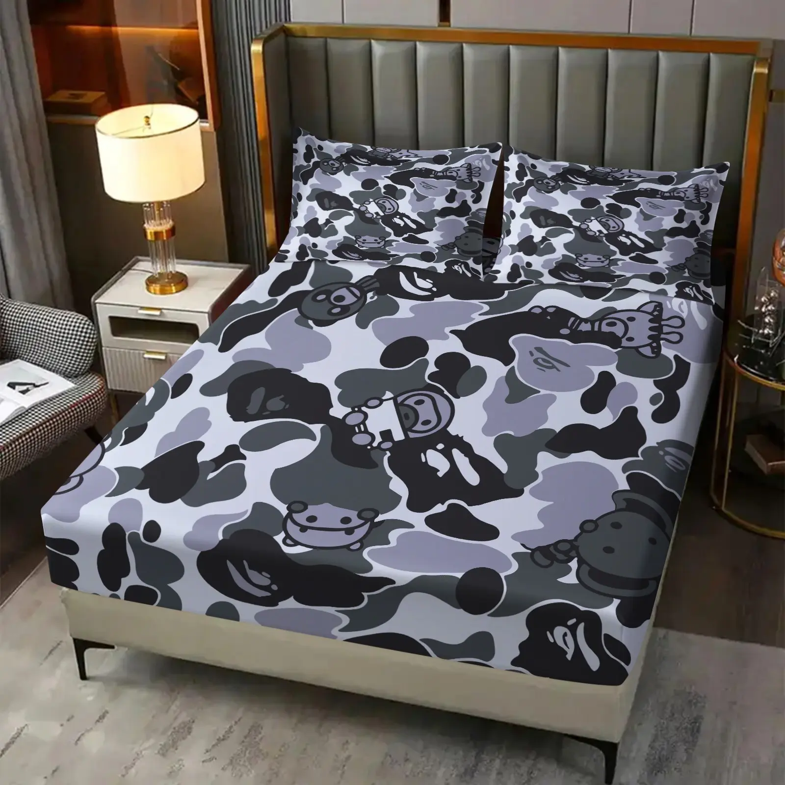 3-Piece Gray Black Camouflage Cartoon Pattern Fitted Bedsheet Set, Comfy Bedding Sets, Breathable Ultra-Fine Fiber Bedding, 1 Bed Sheet And 2 Coreless Pillowcases, Suitable For Decorating Teenage Bedrooms