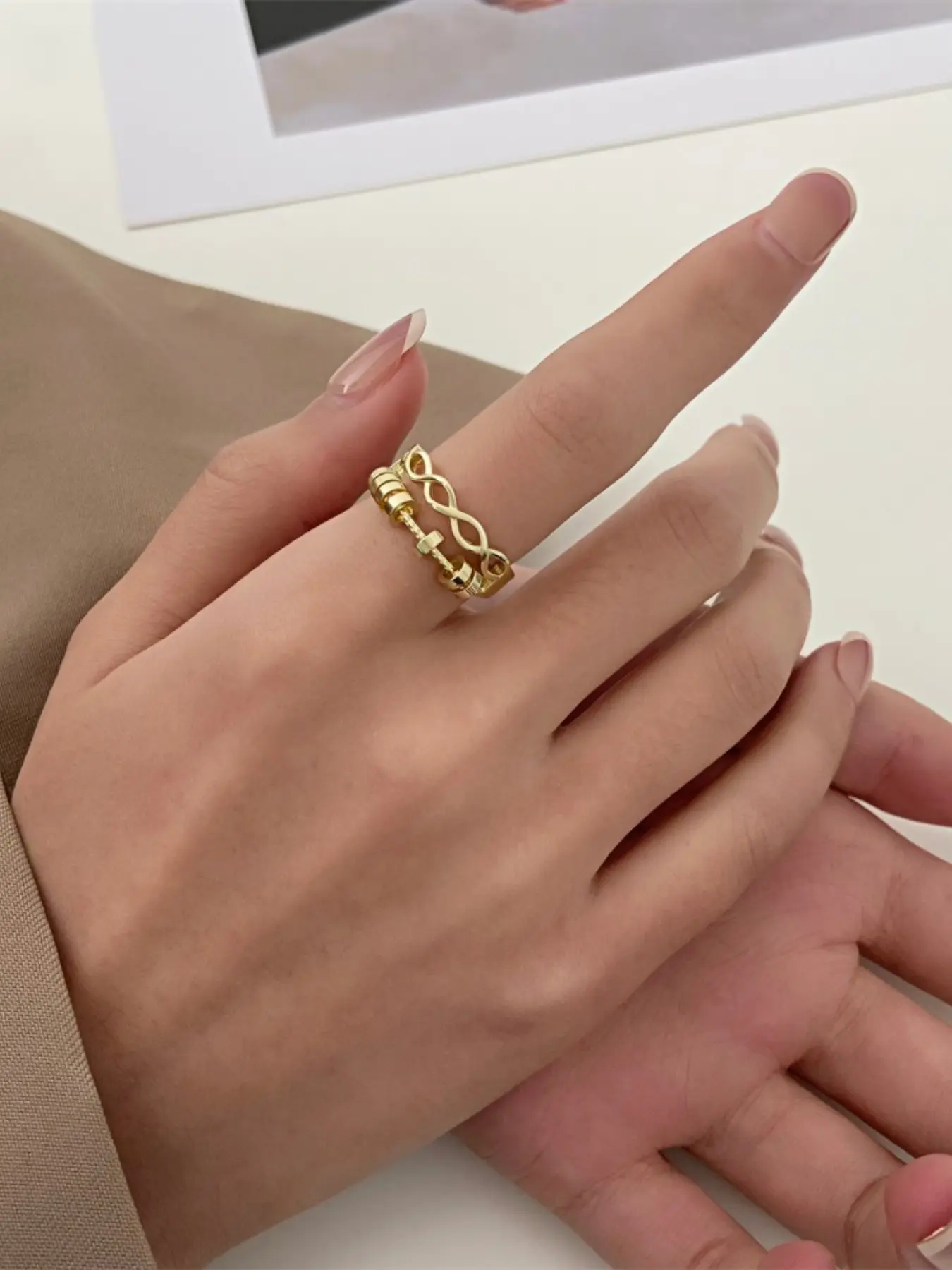 10pc 5pc Unique Design Dumbbell Infinity Symbol Two-Tone Ring, Luxury Fitness Element Adjustable Open Ring