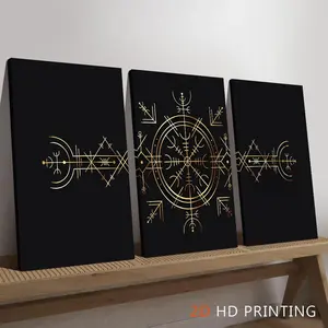 3-piece home wall art set, Nordic vintage art, Viking symbols, Viking coat of arms, black and gold creative poster, wooden frame spray-painted canvas art print, perfect room decoration