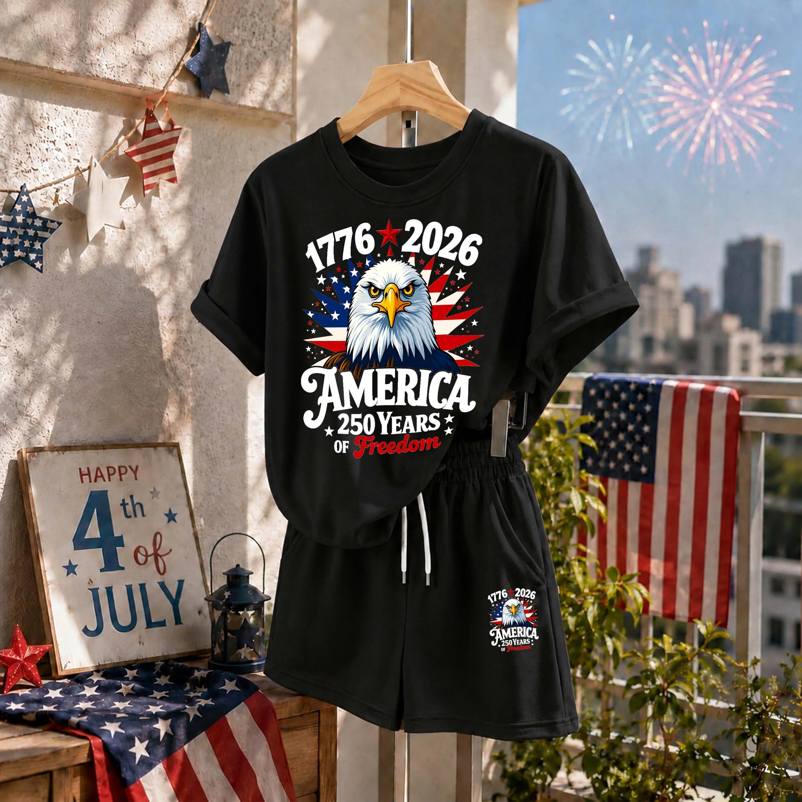 Women’s The 250th Anniversary Of The United States Graphic Print Short Sleeve T-Shirt and Shorts Set, Casual Summer 2-Piece, Comfortable Crew Neck Top and Elastic Waist Shorts for Daily Wear, Vacation, Travel, Beach, Resort and Lounge Wear