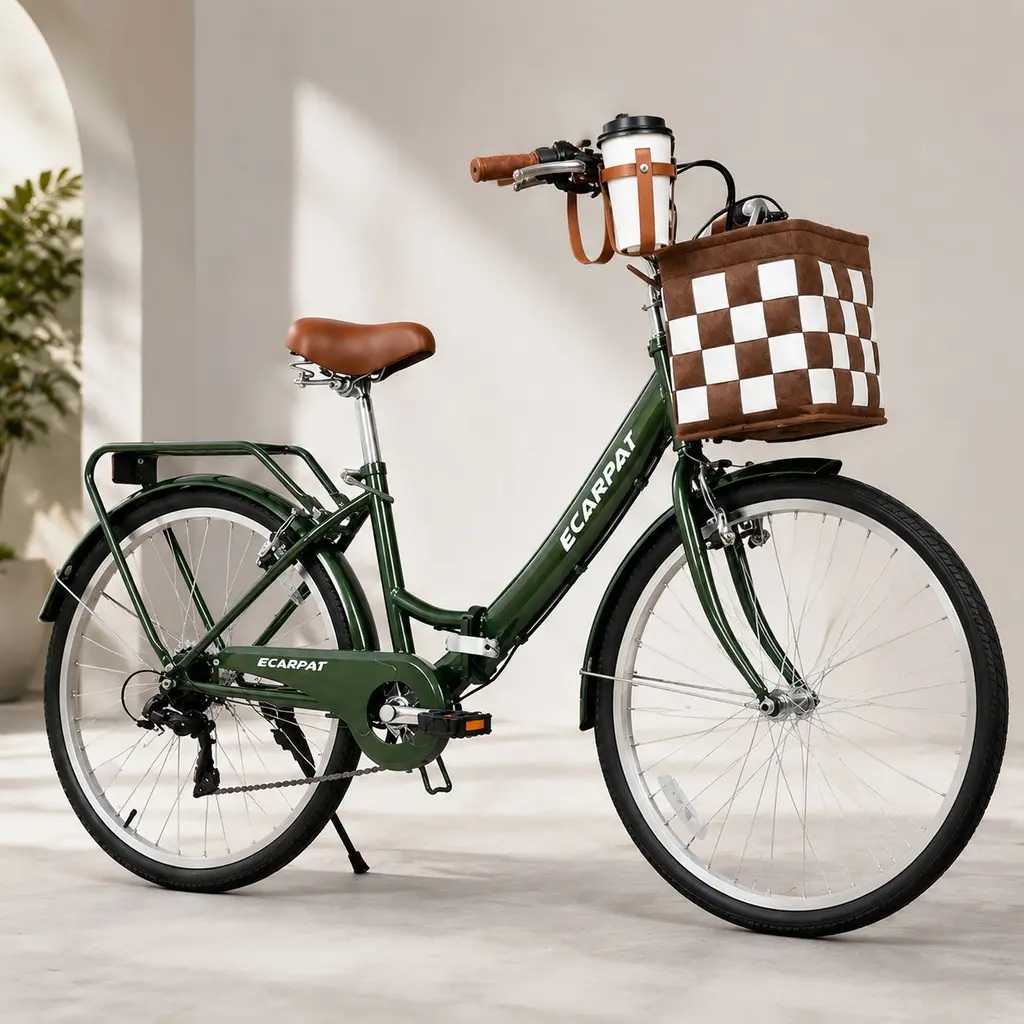 26 Inch Folding City Commuter Bike for Adults, Steel Frame Fold Bikes with 7 Speeds, Detachable Basket, Cup Holder, Alloy Rims, V-Brakes, Spring Saddle, Multiple Color Options (White/Green Available)