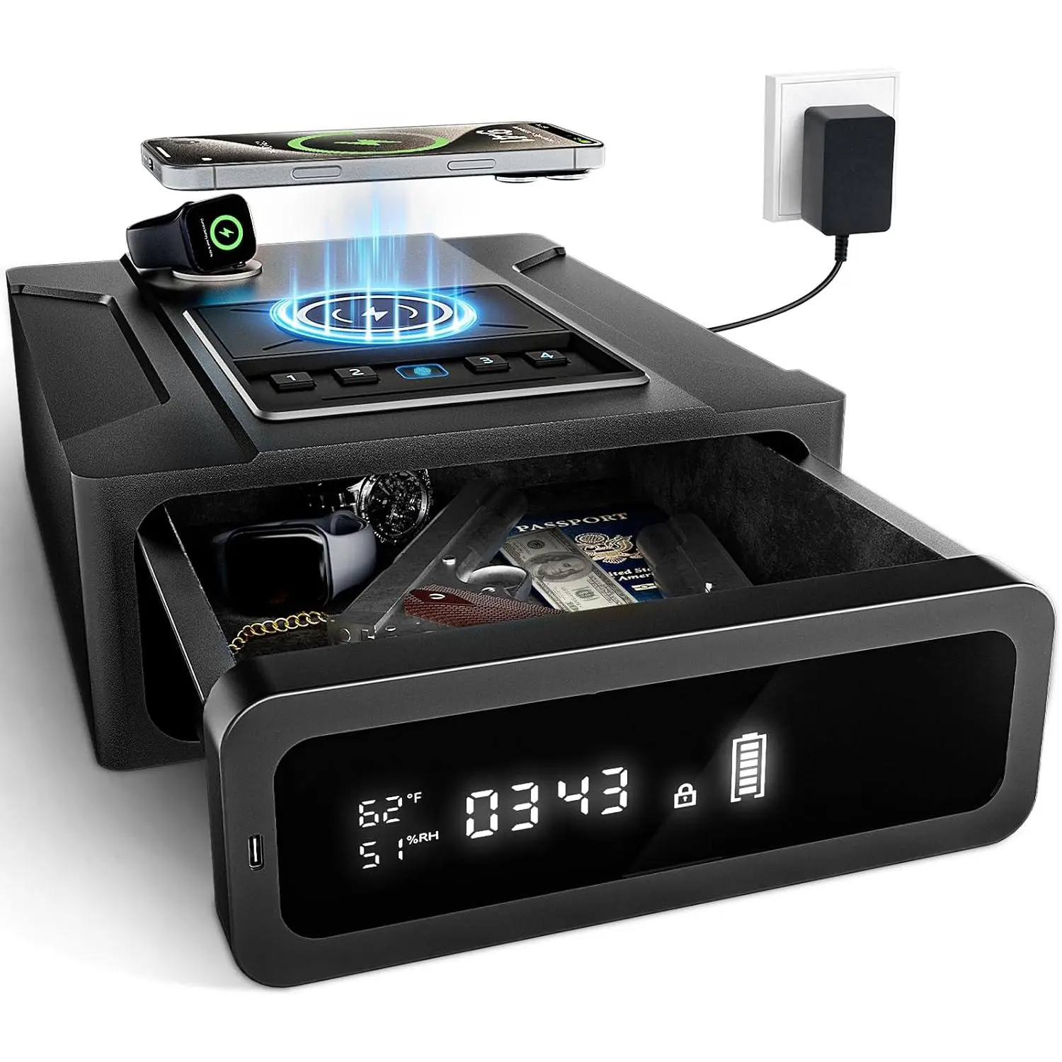 Biometric  Safe for , Nightstand  Safes Box with   for Phone and Watch, 3 Ways Quick Access Fingerprint  Safes, Auto Pop-up Drawer Safe with Digital Clock 1 count | 3 Ways Quick Access Fingerprint  Safe, Auto Pop-up Bedside  Safes
