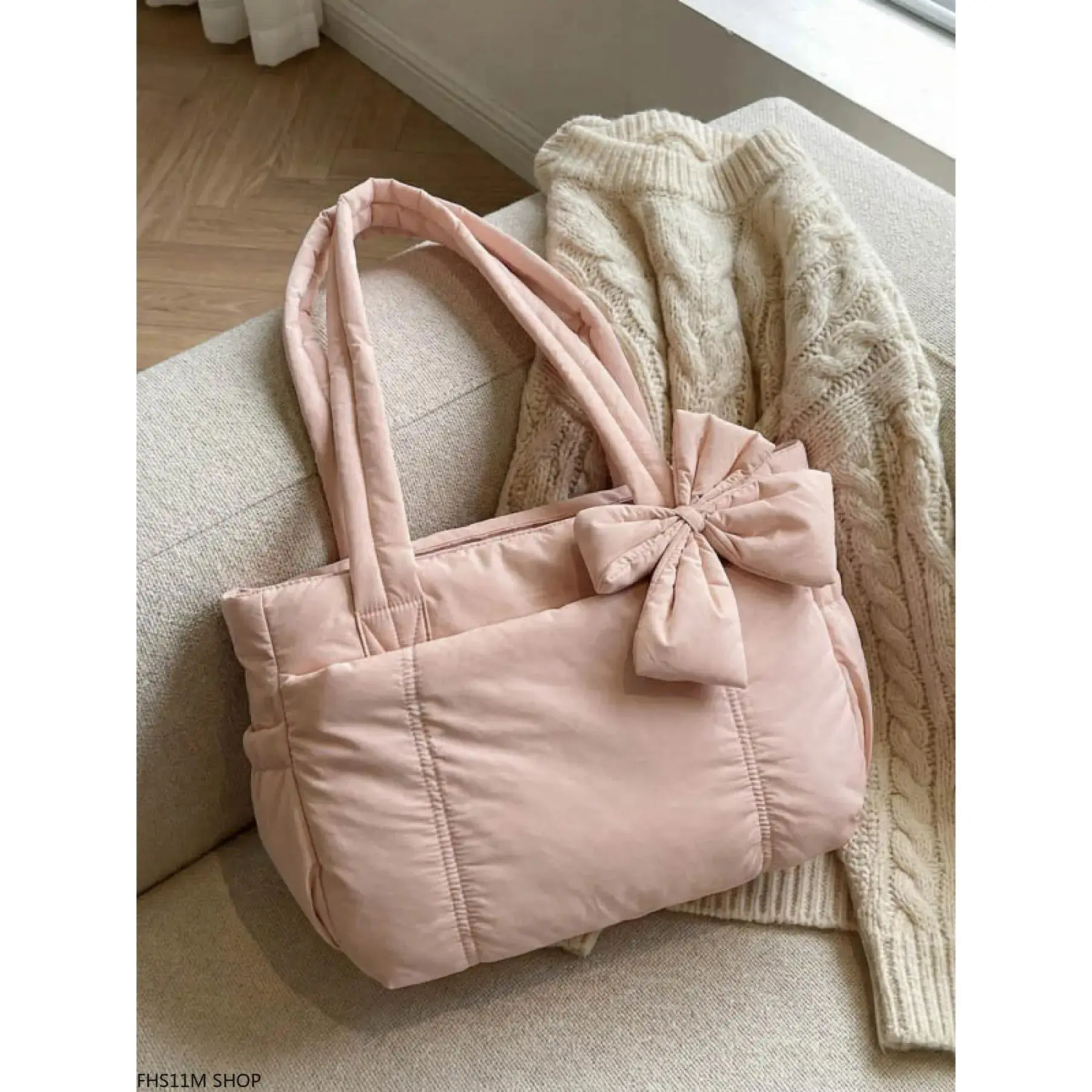 Pink Quilted Bow Puffy Tote Bag, Lightweight Spacious Shoulder Bag, Versatile For Commuting, Shopping & Everyday Use