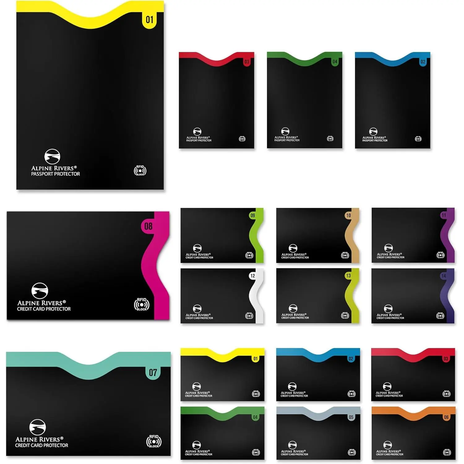 Rivers RFID Blocking Sleeves, Credit Card Protector, Passport Sleeve| 18-piece: 14 color-coded numbered sleeves, fits debit, ID cards; 7 top, 7 side; 4 passport; 13.56 MHz NFC blocker