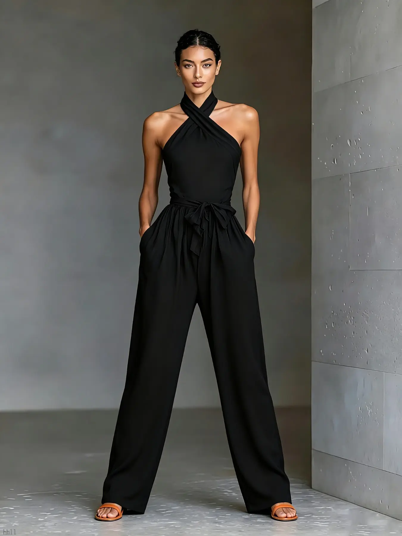 Tiktok Trendy Elegant Halter Neck Jumpsuit, Cross-Over Wrap Waist Belted Wide Leg with Pockets, Home Wear, Slim-Fitting Plain Surface Unlined