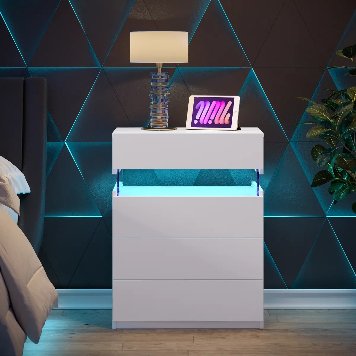 LED Lights Nightstand 4 Drawers White Bedside Table Casual Classic Cute Modern Side Table Bedroom Furniture