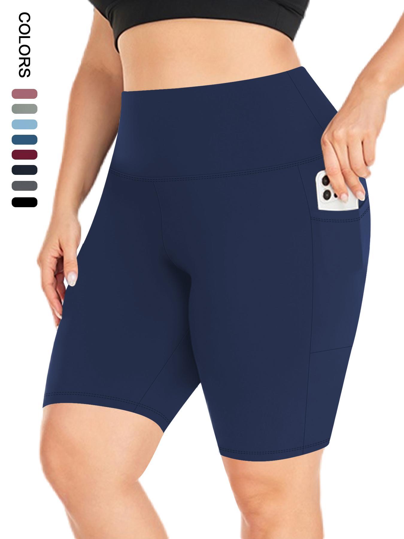 Plus Size Plain High Waist Convenient Pockets Snug Fit Skinny Shorts, Activewear Shorts, Athletic Shorts, Comfy Breathable High Stretch Elasticity Seamless Shorts for Daily Outdoor Sport, Women's Bottoms for Summer