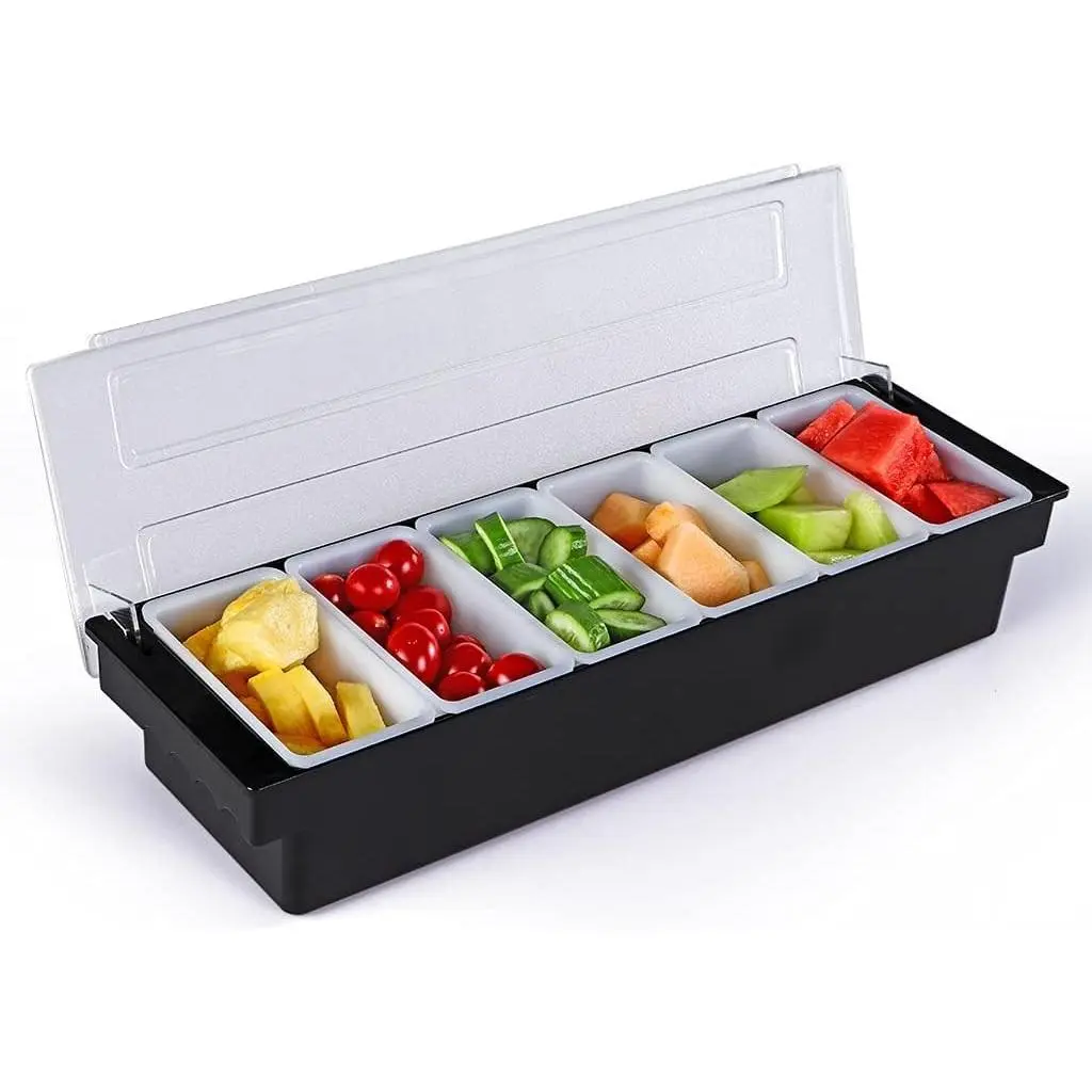 Ice Cooled 6-Compartment Garnish Tray with Lid, Condiment Caddy for Fruit & Veggie, Ideal for Party & Bar