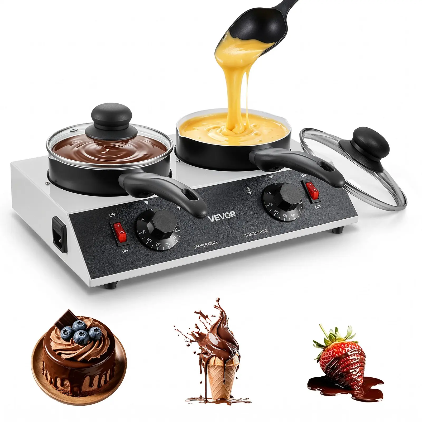 VEVOR Chocolate Melting Pot - 2x 1 QT Pots, 86 - 185 Choc Warm Machine, 80W Even Cheese Melter, 2 Knobs Temp Control, 2 Ceramic Coated Pots, Electric Warmer for Mulled Milk Candy, Commercial Home