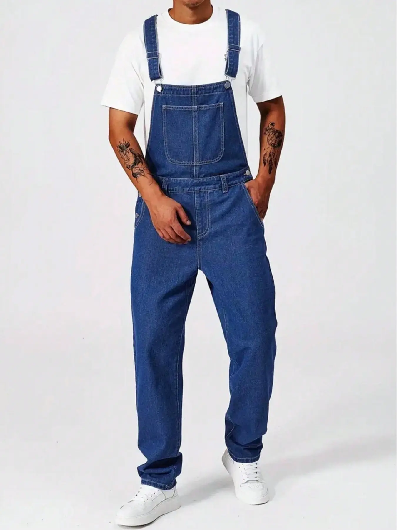 Men's Casual Washed Denim Jumpsuit, Overall Pants, Slim-Fitting Solid Color, All Seasons Wear, Plain Surface, No Lining, Top Without Zipper