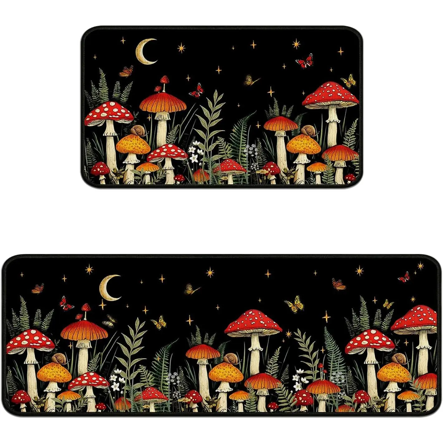 Black Mushrooms Kitchen Mats for Floor,  Kitchen Rugs Sets of 2, Non-Slip Washable  Kitchen Decor Floor Rug  Decoration Doormat, 17"x47" and 17"x30"