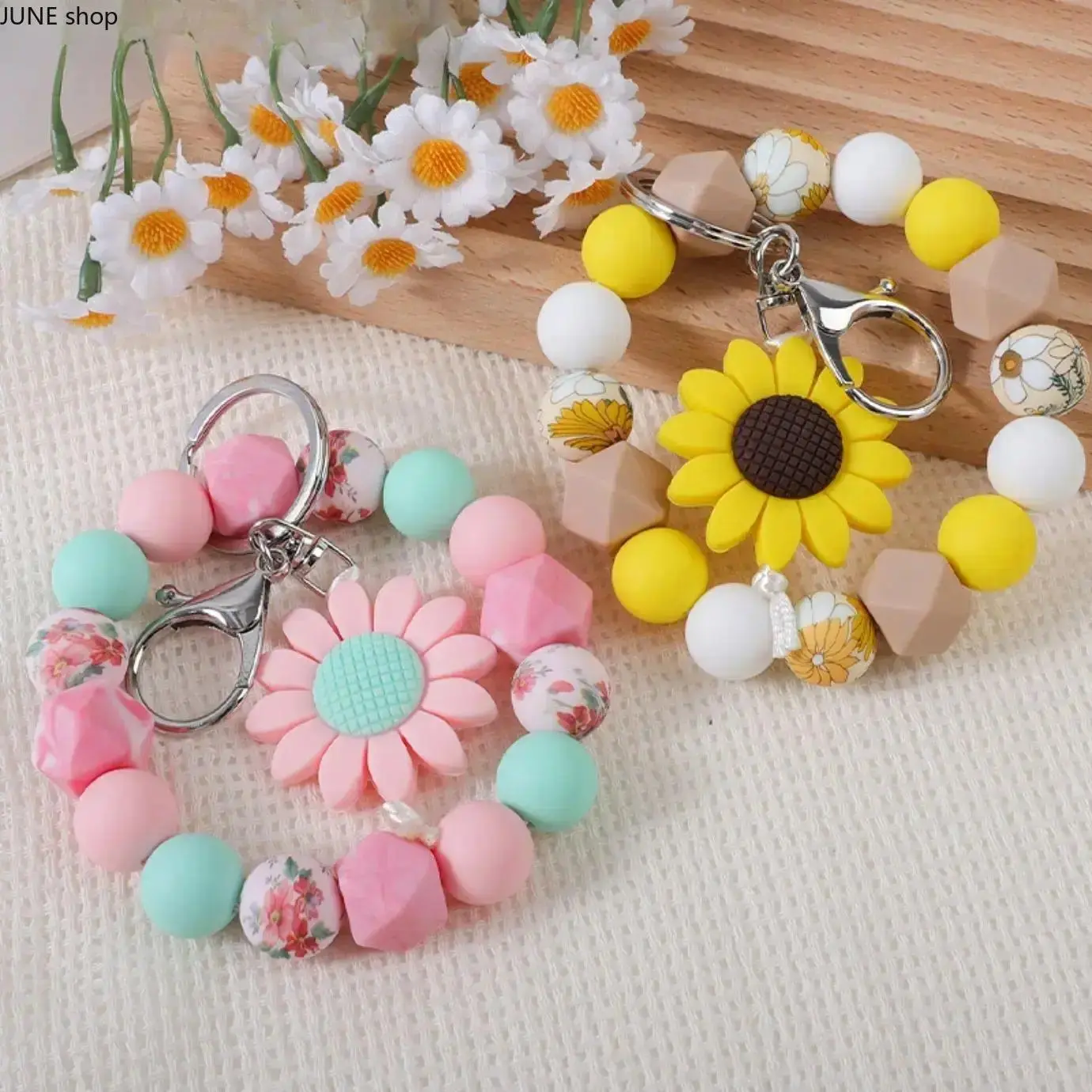 Women's 1-Piece Lightweight Pastel Natural Beaded Wristlet Keychain - Soft Silicone Bead Wrist Lanyard with Tassels, Cute Charms, Trendy Spring Summer Daily Outfit Bag Accessory, One-Piece