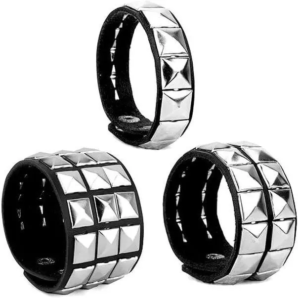 Unisex 3-Pcs Studded Punk Bracelets - Silver Studs, Black Leather, 80s Goth Rock Wristband Cuffs, Party Costume Jewelry Accessories for Men and Women, Men's Accessories, 80S Bracelets & Bangles