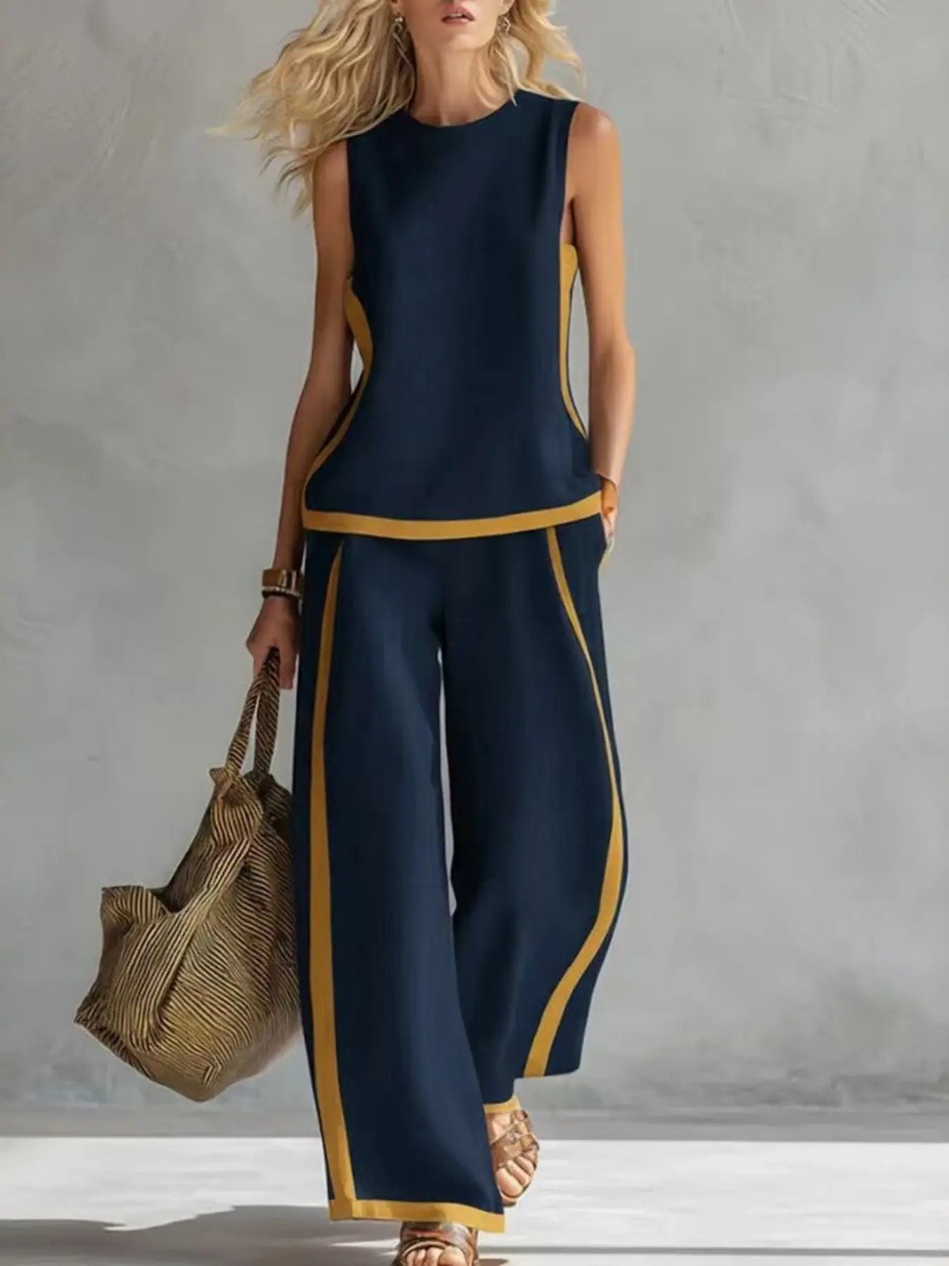 Women 2-Piece, Sleeveless Round Neck Top, Wide Leg Pants Set, Contrast Trim, Loose Fit Casual Summer Vacation Co-Ord Set