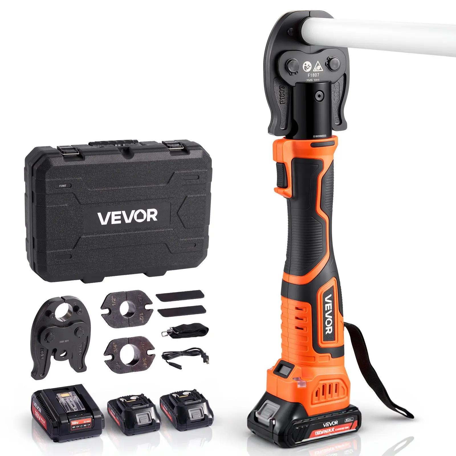 VEVOR Cordless Mini Press Tool, 18V Electric Pipe Crimping Tool for 1/2", 3/4", 1" PEX Pipe Copper Rings, 24KN PEX Press Tool with 2pcs Battery, Fast Charger & Carrying Case - Meet ASTM F1807 Standar