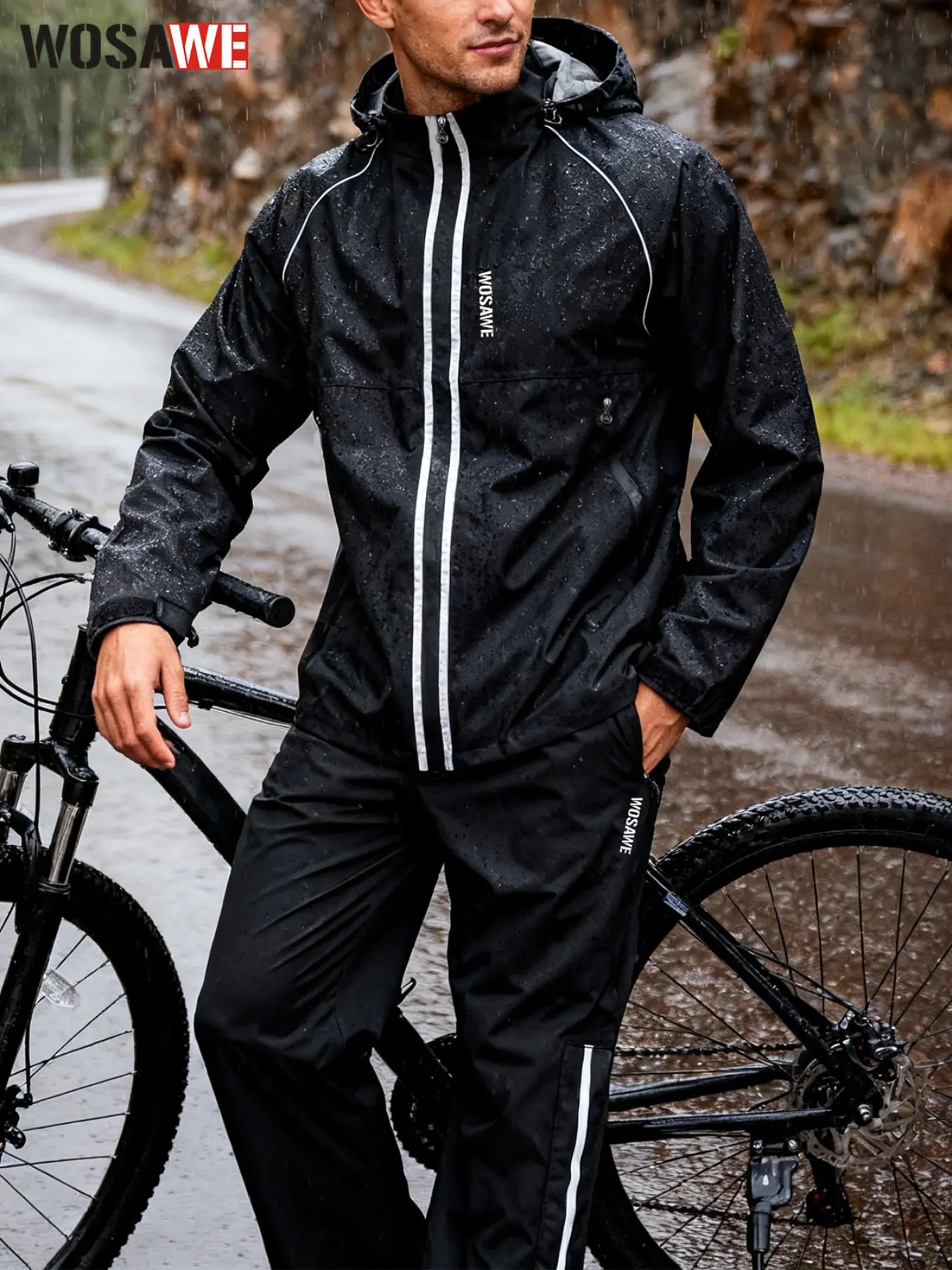 WOSAWE Men's Waterproof Cycling Suit Rain Jacket & Pants Set, Rainproof Breathable Windproof Reflective Outdoor Gear for Bike Camping Hiking