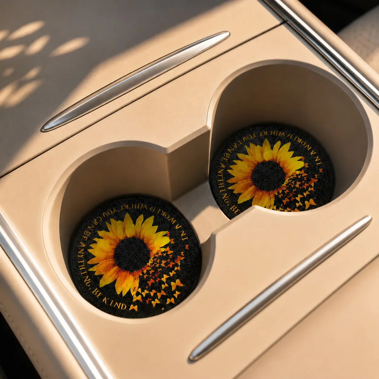 2 Pack Sunflower Car Coasters for Cup Holders, Anti-Slip PVC Cup Holder Pads, Dustproof Drink Holder Mats, Universal Car Decorations Interior Accessories for Cars, SUVs, Trucks & RVs