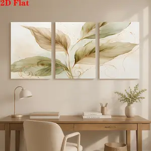 2D 3-piece canvas art wall decoration - light green leaves with golden veins. Suitable for decorating offices, restaurants, living rooms, bedrooms, and home decor. It is an ideal gift for Christmas, Independence Day, and birthdays. It is a beautiful home