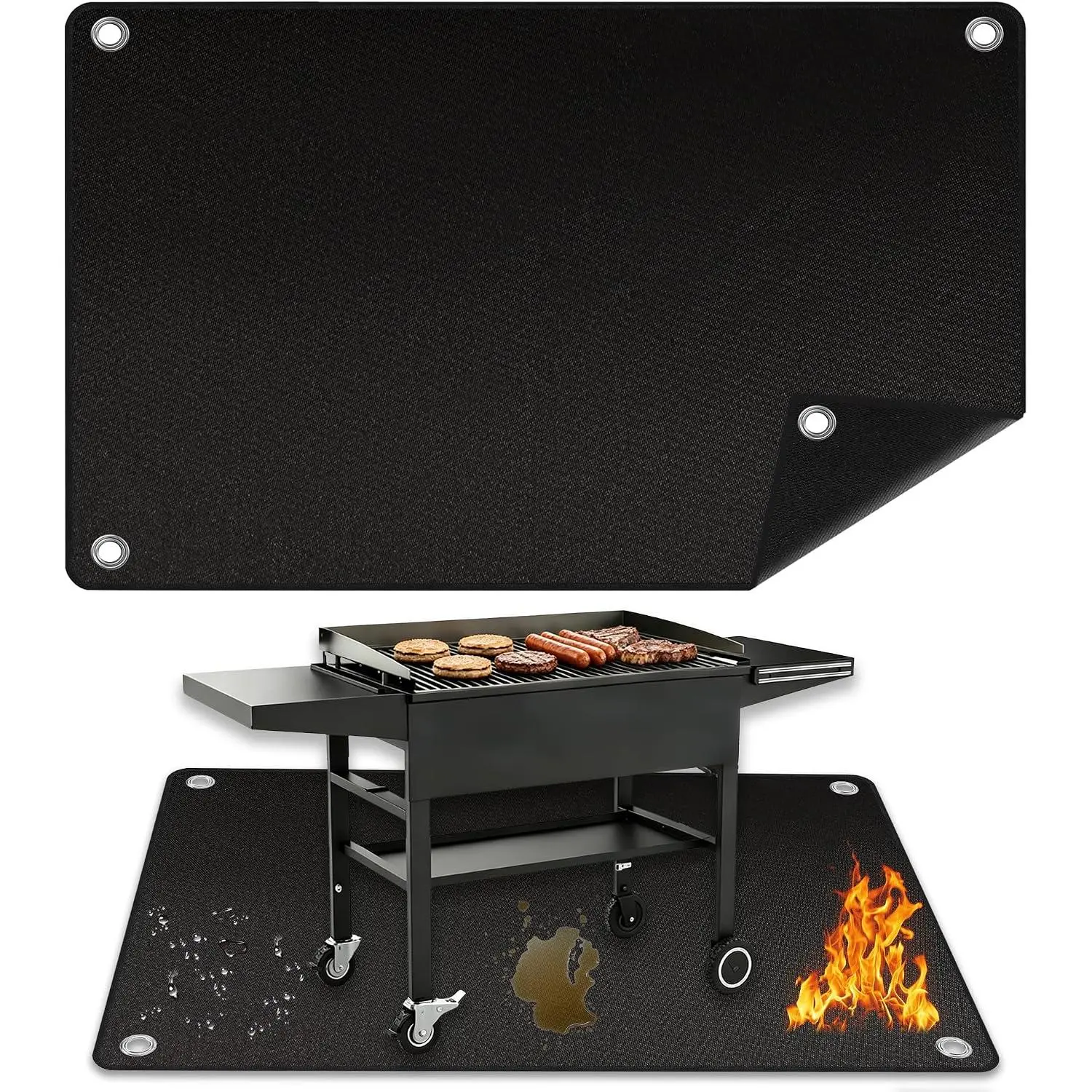 Fireproof Grill Mat 40x45 Inch, 1MM Thick Fiberglass BBQ Mat with 4 Metal Grommets, Heat Resistant Up to 2000°F,  Oil-Proof Deck Protector for Grill, Patio, Outdoor Cooking